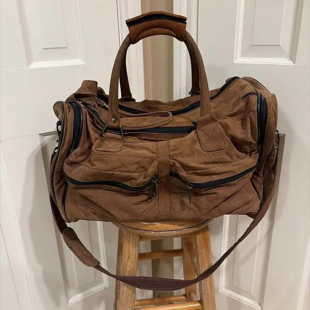 Vintage Spalding  Brown Leather Duffle Bag Weekender Travel Carry On Luggage
